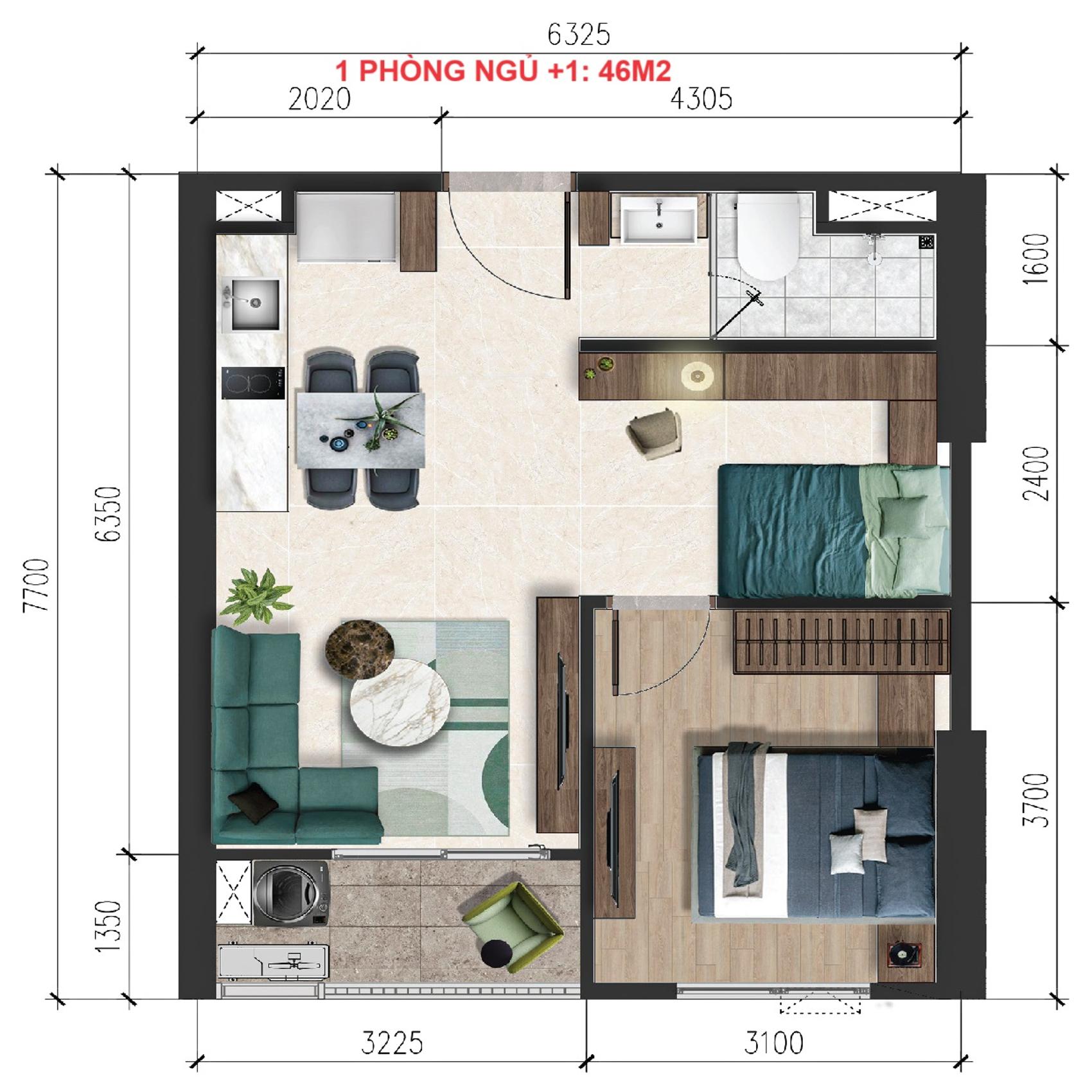 Thiết kế 1 phòng ngủ + 1 dự án A&T Sky Garden